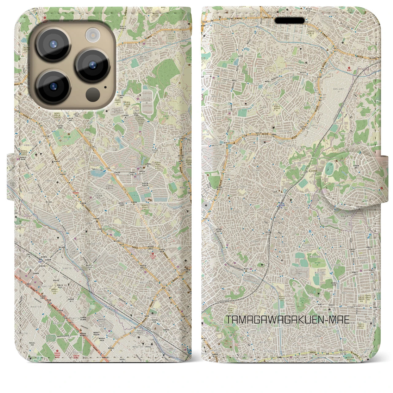 【玉川学園前】地図柄iPhoneケース（手帳両面タイプ・ナチュラル）iPhone 14 Pro Max 用