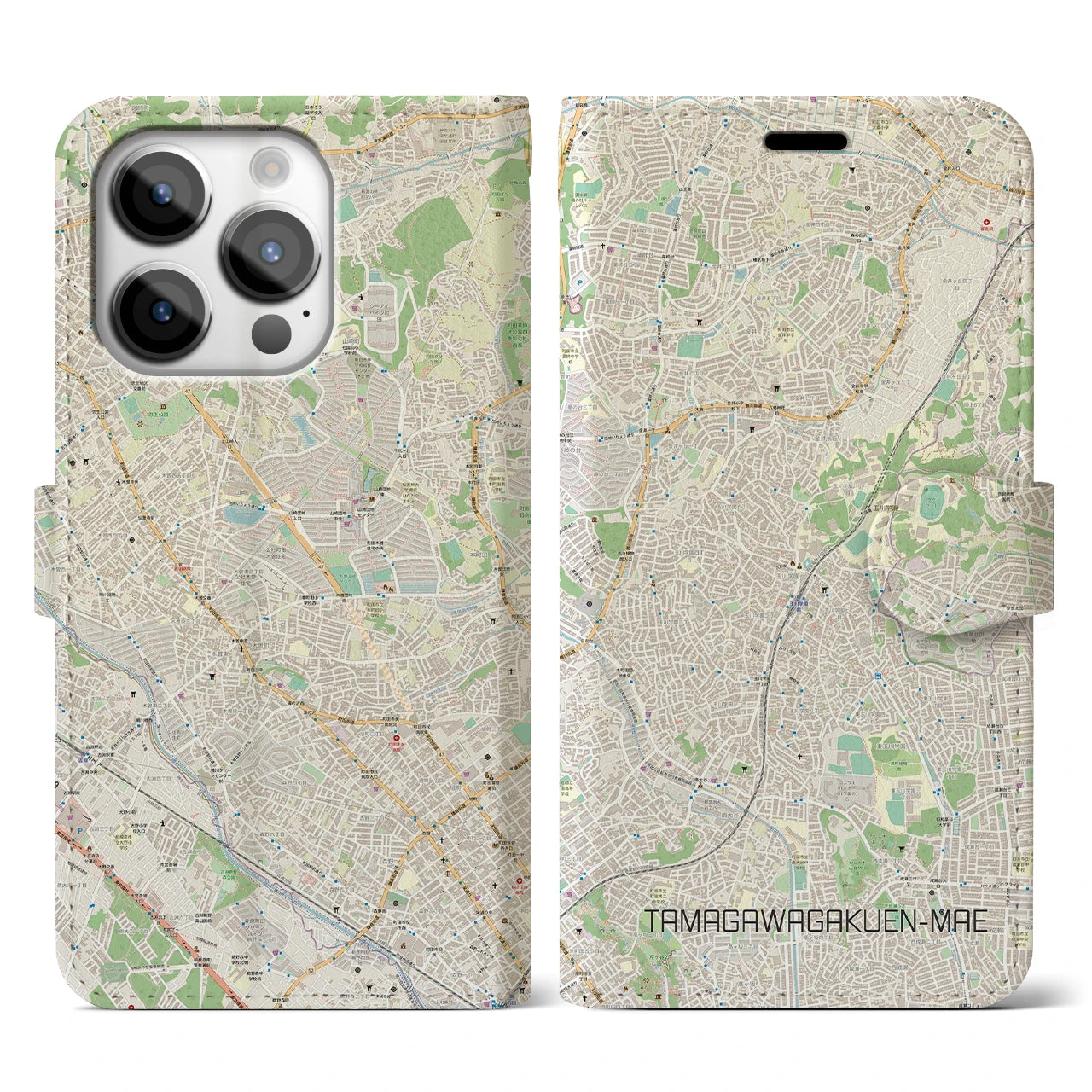 【玉川学園前】地図柄iPhoneケース（手帳両面タイプ・ナチュラル）iPhone 14 Pro 用