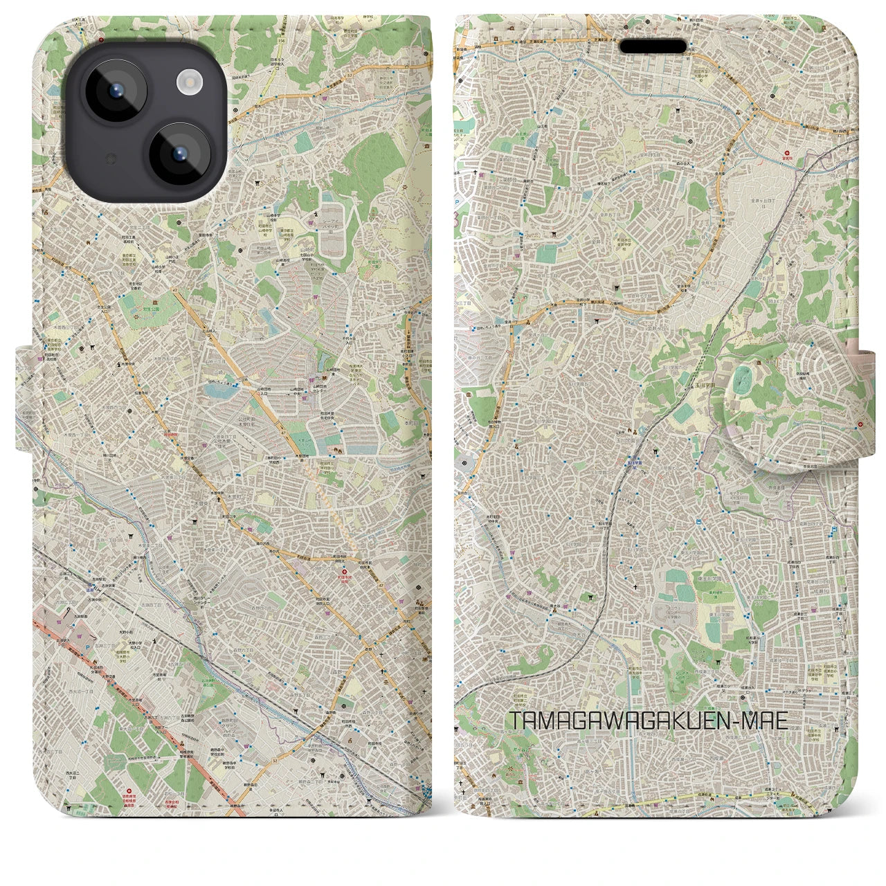 【玉川学園前】地図柄iPhoneケース（手帳両面タイプ・ナチュラル）iPhone 14 Plus 用