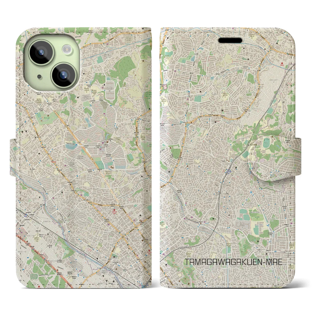 【玉川学園前】地図柄iPhoneケース（手帳両面タイプ・ナチュラル）iPhone 15 用