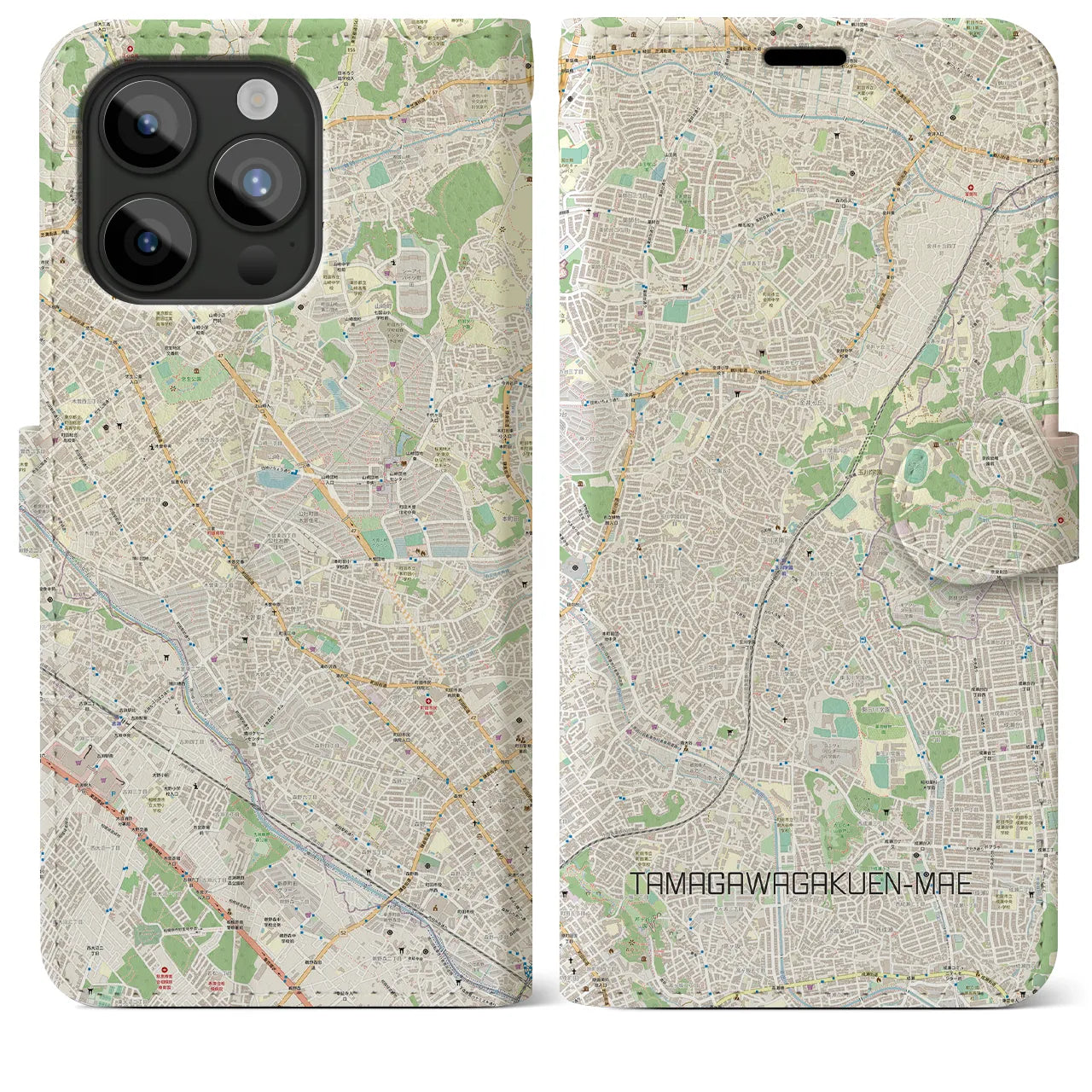 【玉川学園前】地図柄iPhoneケース（手帳両面タイプ・ナチュラル）iPhone 15 Pro Max 用