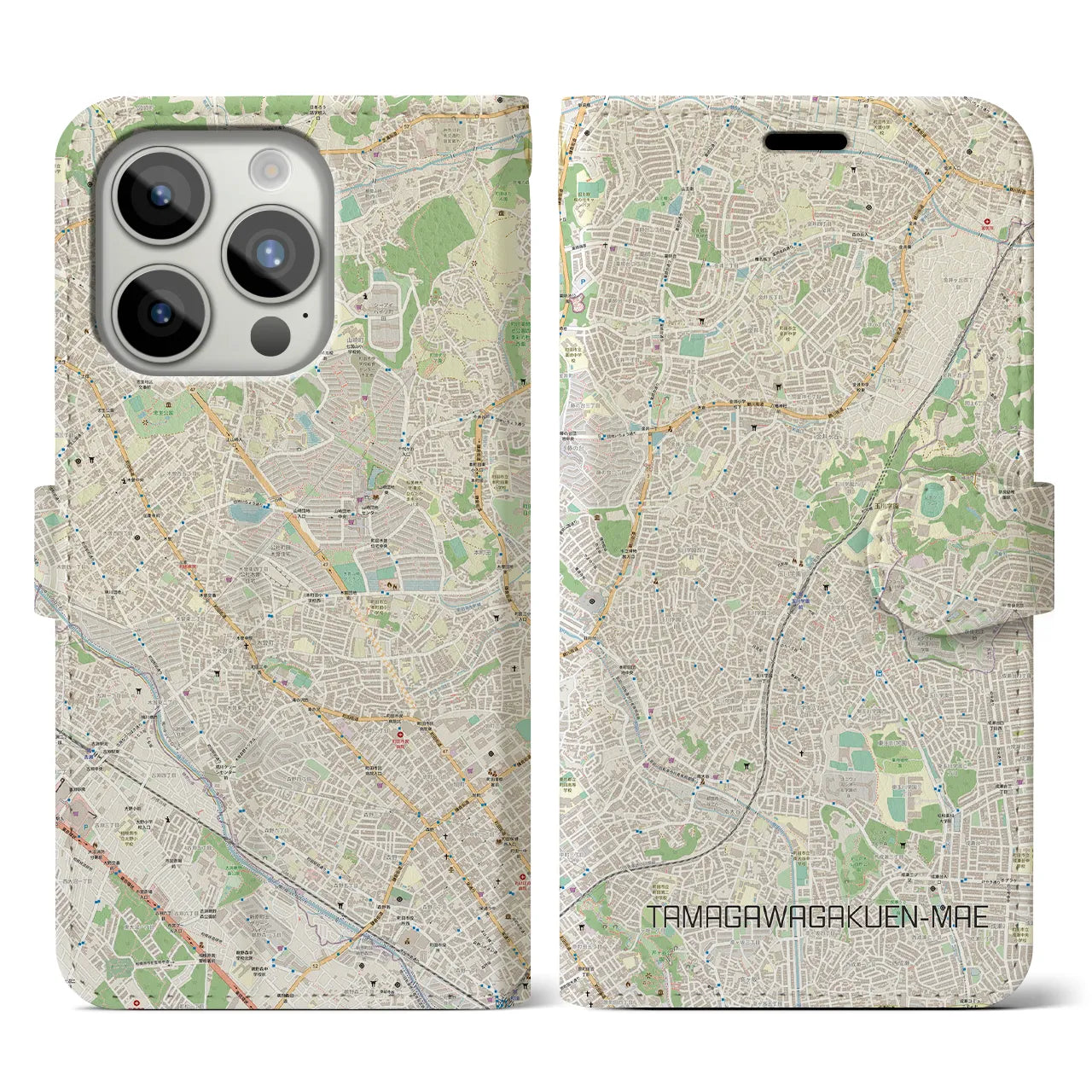 【玉川学園前】地図柄iPhoneケース（手帳両面タイプ・ナチュラル）iPhone 15 Pro 用