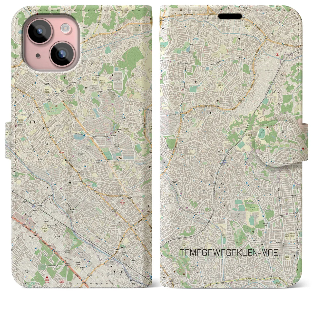【玉川学園前】地図柄iPhoneケース（手帳両面タイプ・ナチュラル）iPhone 15 Plus 用