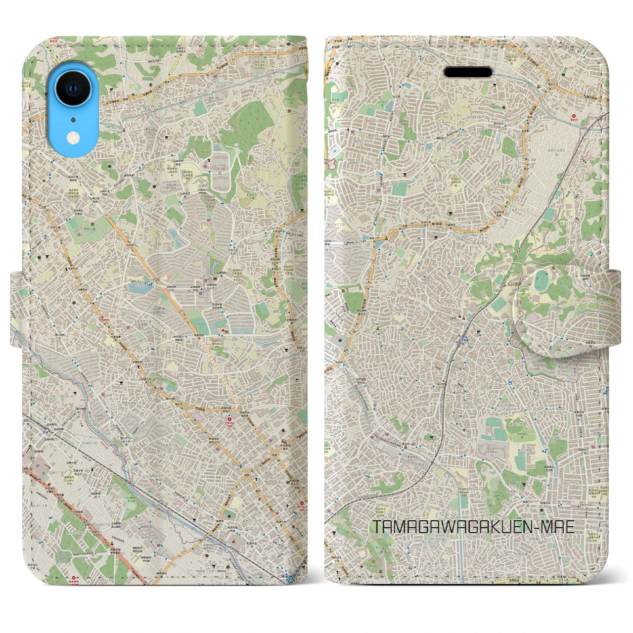 【玉川学園前】地図柄iPhoneケース（手帳両面タイプ・ナチュラル）iPhone XR 用