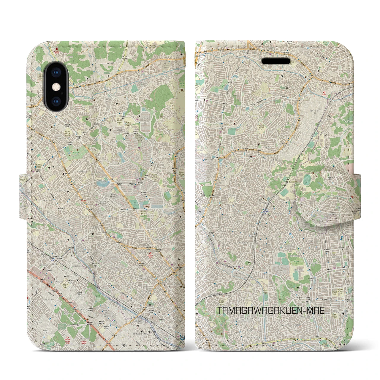 【玉川学園前】地図柄iPhoneケース（手帳両面タイプ・ナチュラル）iPhone XS / X 用