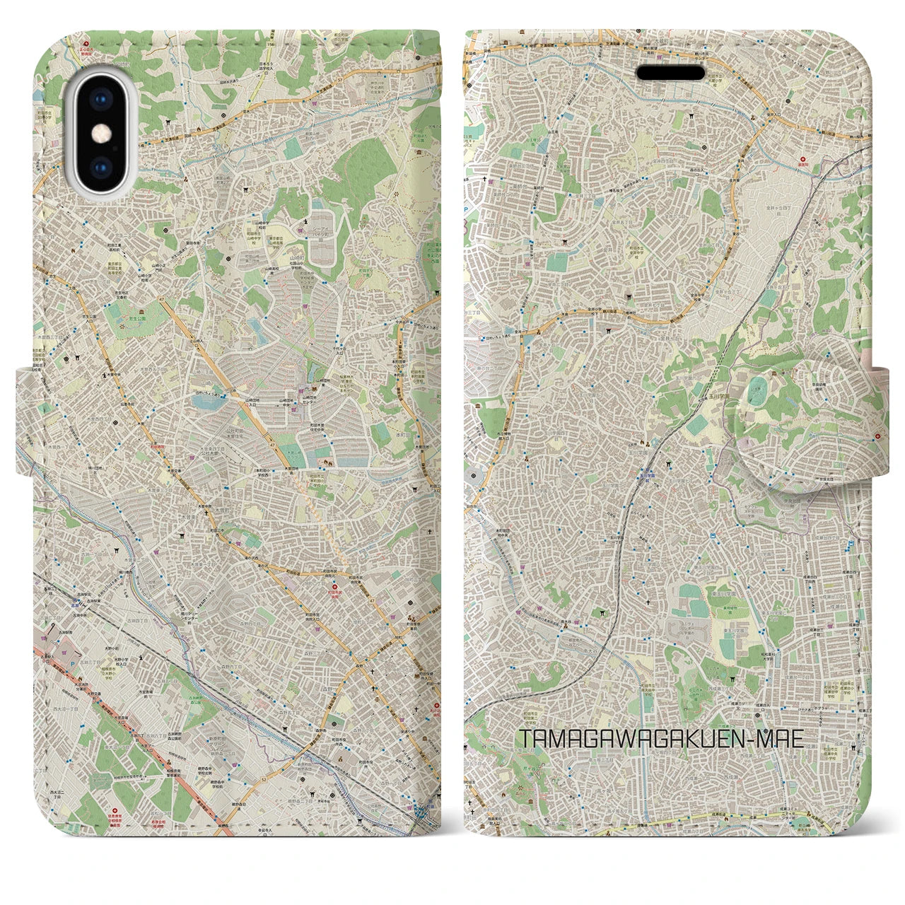 【玉川学園前】地図柄iPhoneケース（手帳両面タイプ・ナチュラル）iPhone XS Max 用