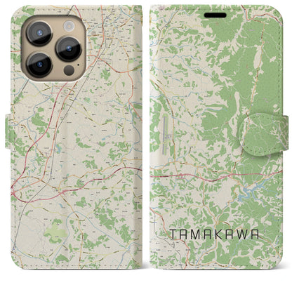 【玉川（福島県）】地図柄iPhoneケース（手帳タイプ）ナチュラル・iPhone 14 Pro Max 用