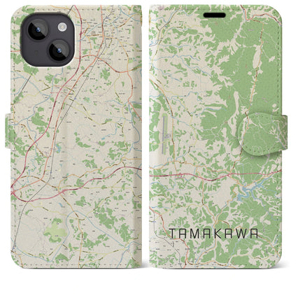 【玉川（福島県）】地図柄iPhoneケース（手帳タイプ）ナチュラル・iPhone 14 Plus 用