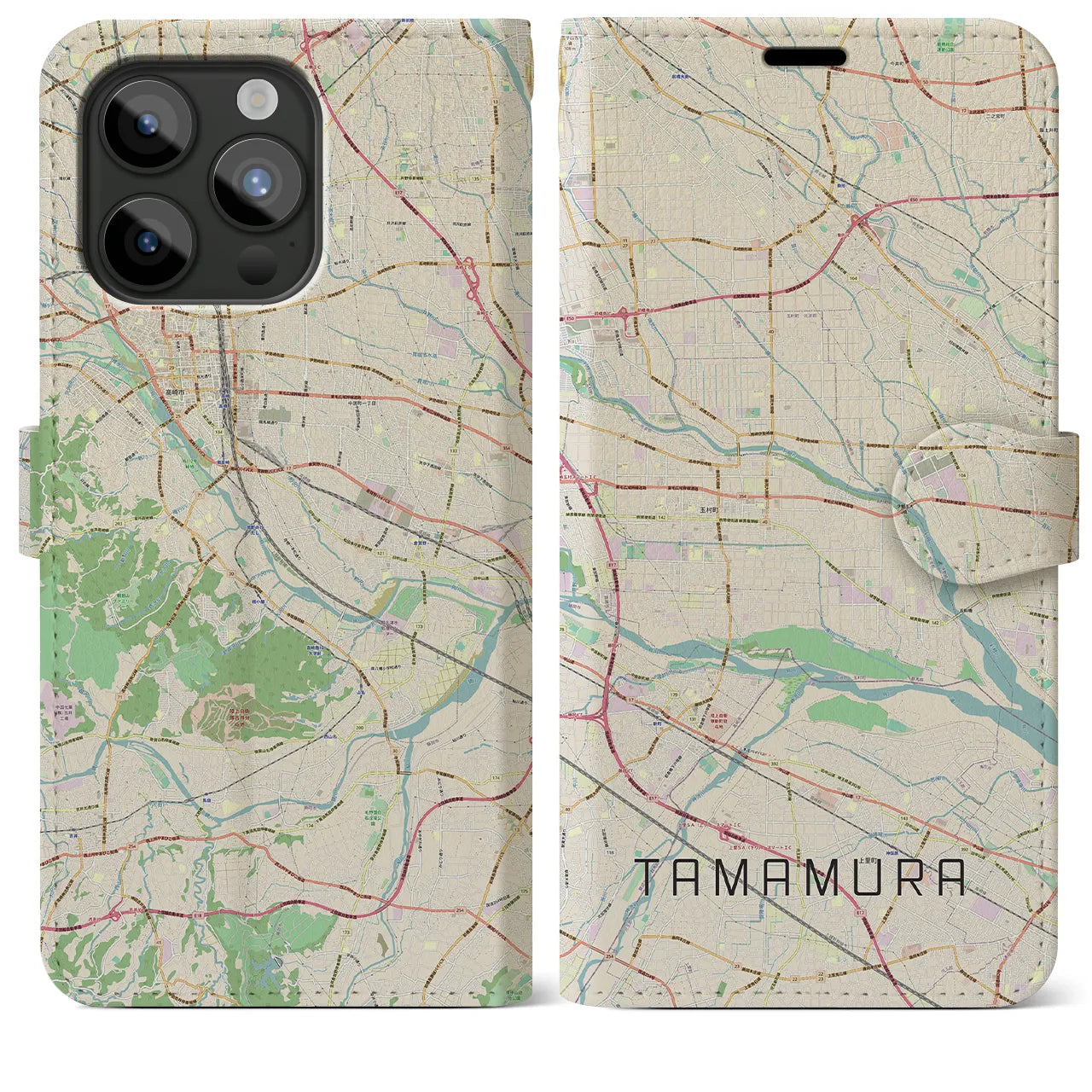 【玉村】地図柄iPhoneケース（手帳両面タイプ・ナチュラル）iPhone 15 Pro Max 用