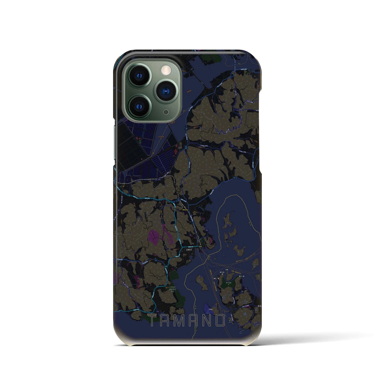 【玉野】地図柄iPhoneケース（バックカバータイプ・ブラック）iPhone 11 Pro 用