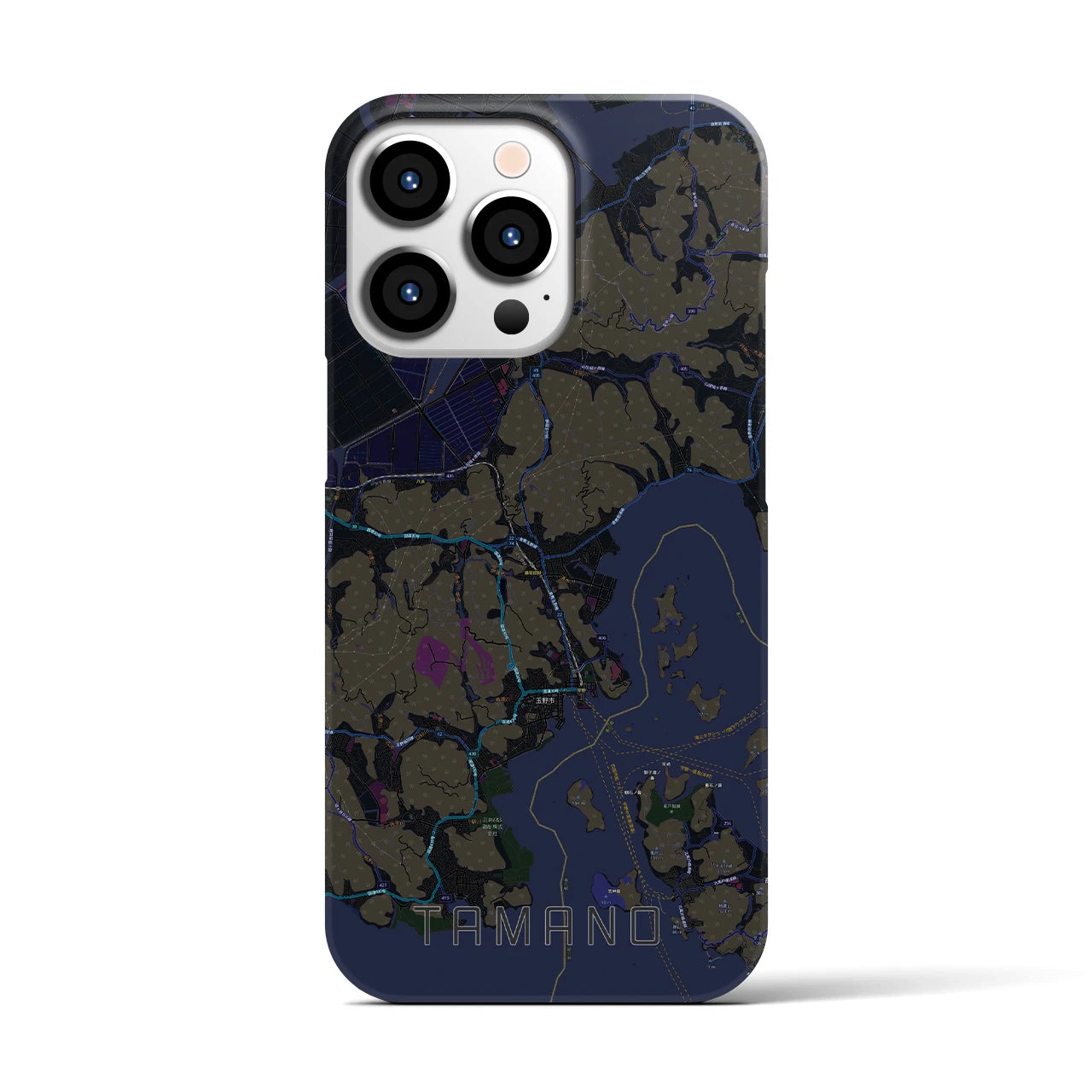 【玉野】地図柄iPhoneケース（バックカバータイプ・ブラック）iPhone 13 Pro 用