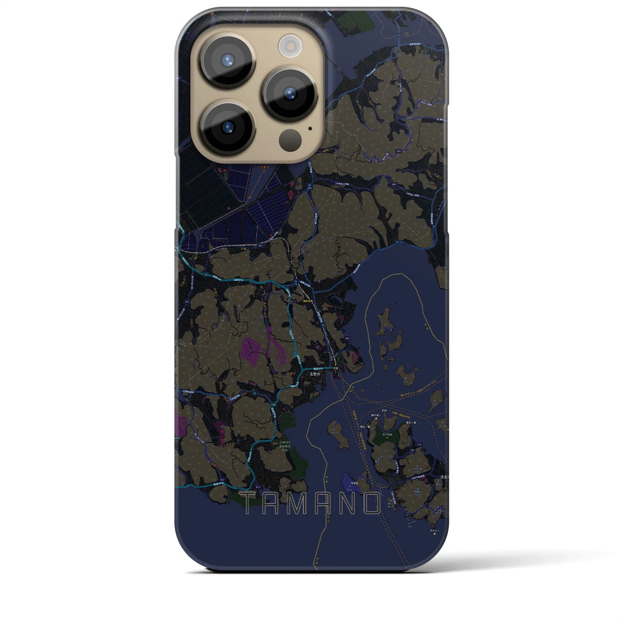 【玉野】地図柄iPhoneケース（バックカバータイプ・ブラック）iPhone 14 Pro Max 用