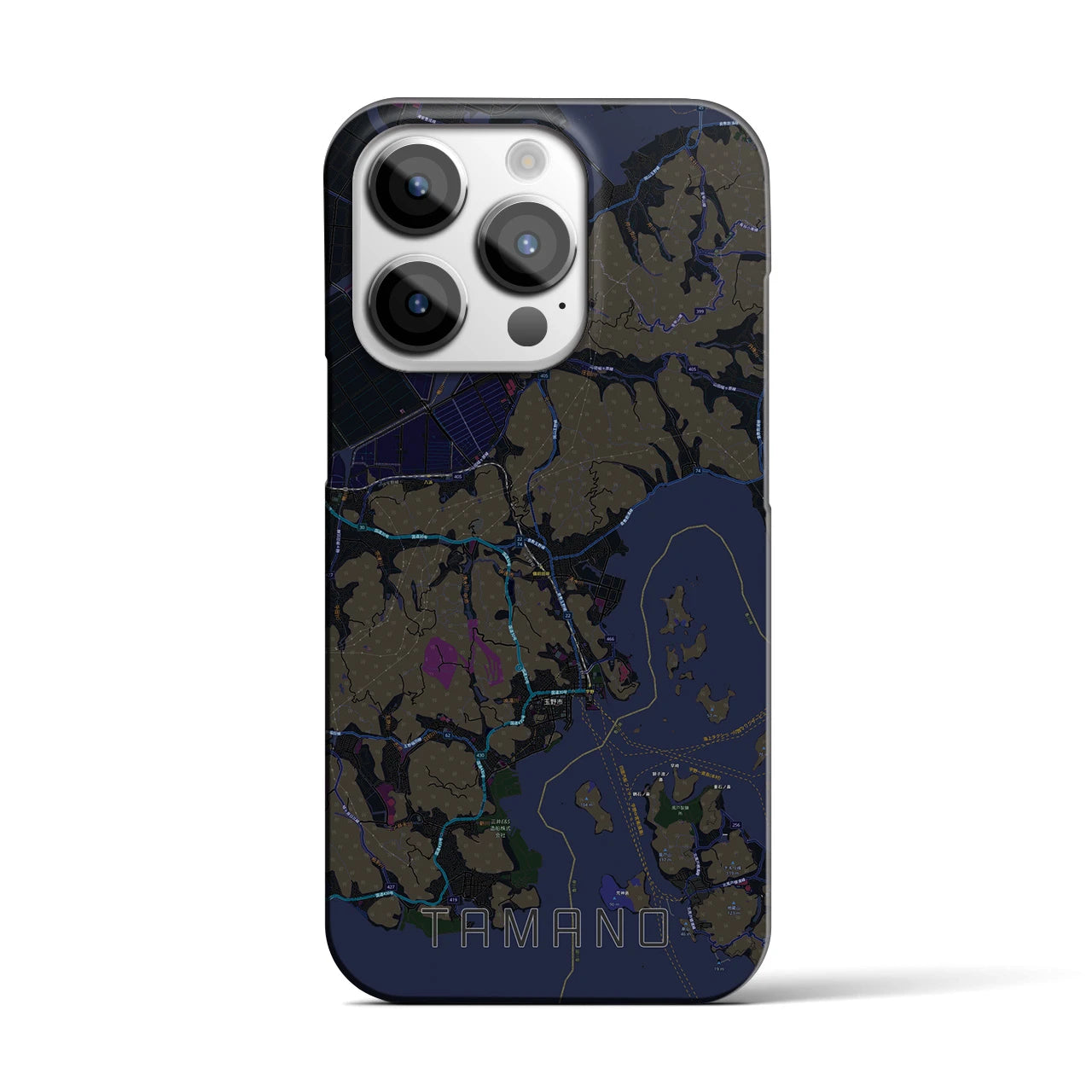 【玉野】地図柄iPhoneケース（バックカバータイプ・ブラック）iPhone 14 Pro 用
