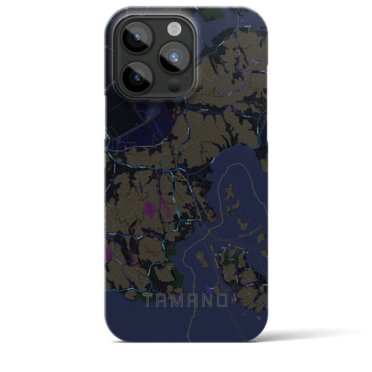 【玉野】地図柄iPhoneケース（バックカバータイプ・ブラック）iPhone 15 Pro Max 用