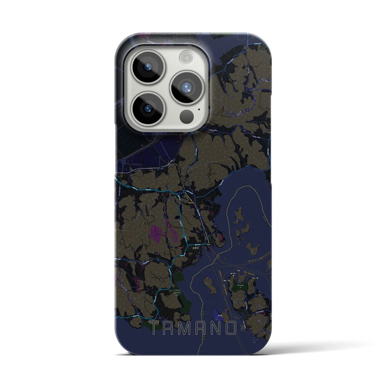 【玉野】地図柄iPhoneケース（バックカバータイプ・ブラック）iPhone 15 Pro 用