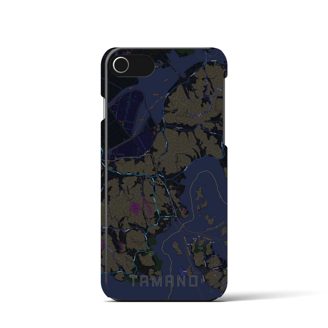 【玉野】地図柄iPhoneケース（バックカバータイプ・ブラック）iPhone SE（第3 / 第2世代） / 8 / 7 / 6s / 6 用
