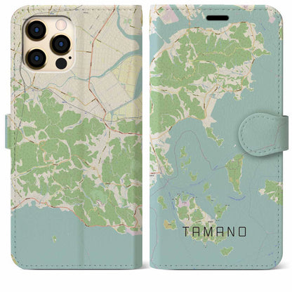 【玉野（岡山県）】地図柄iPhoneケース（手帳タイプ）ナチュラル・iPhone 12 Pro Max 用