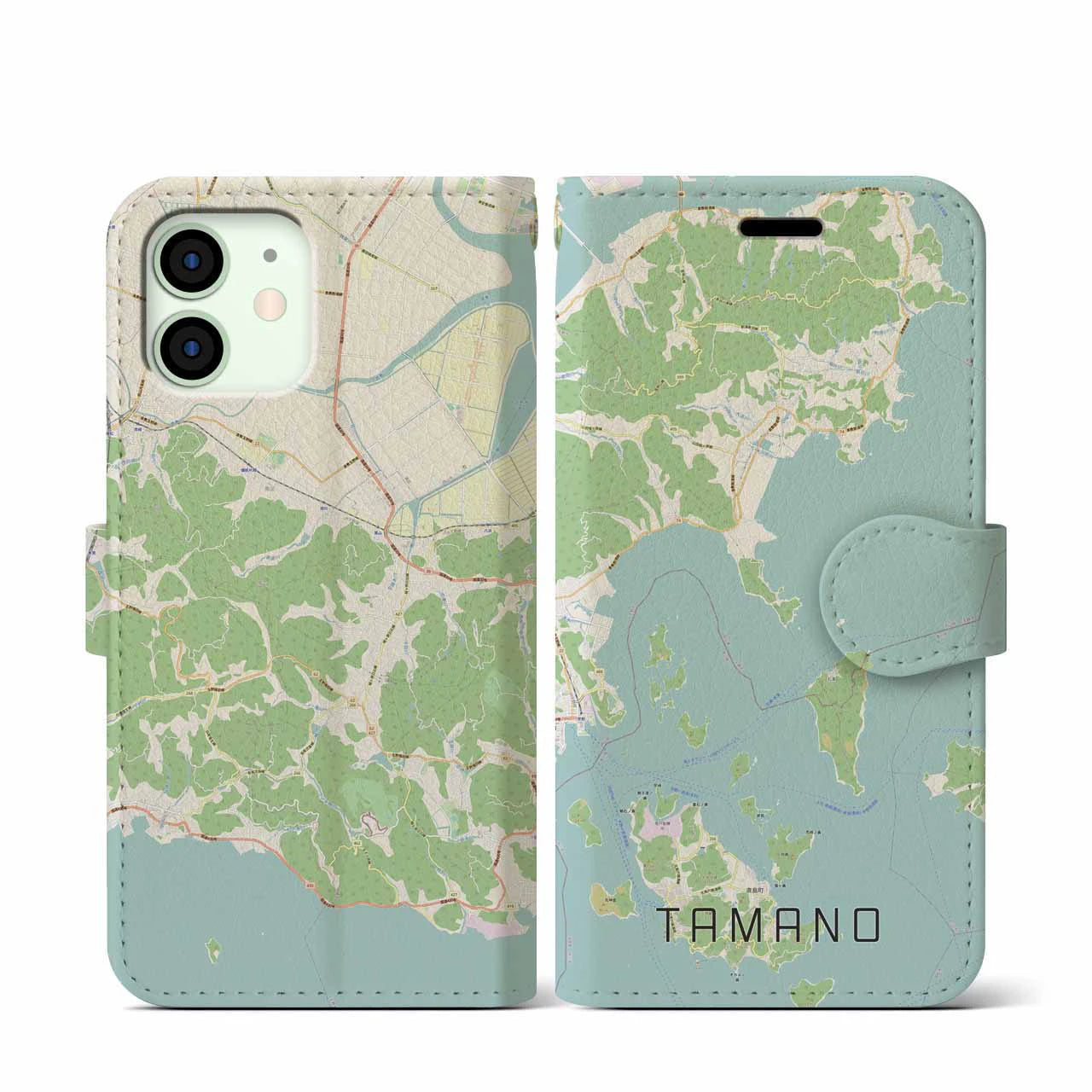 【玉野】地図柄iPhoneケース（手帳両面タイプ・ナチュラル）iPhone 12 mini 用