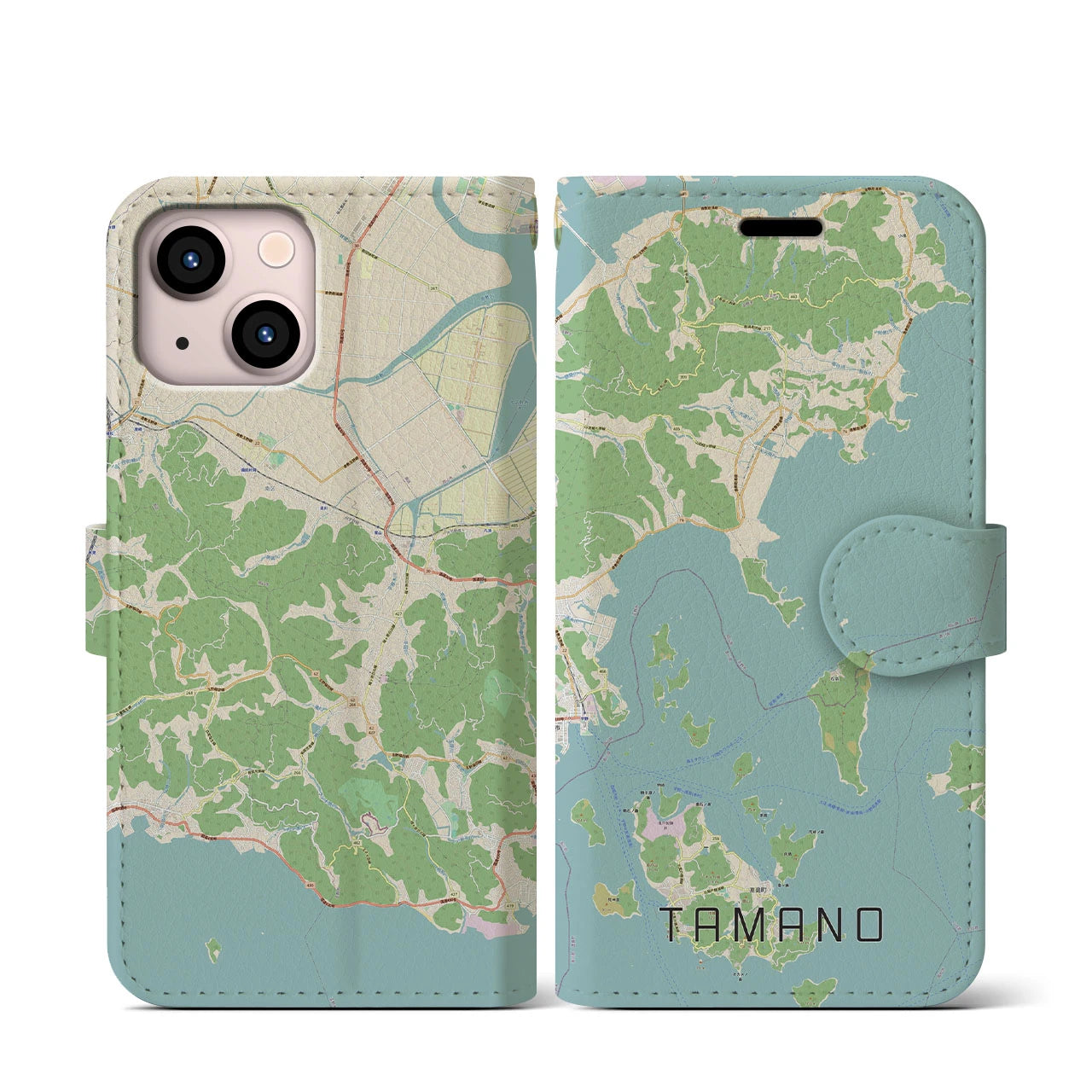 【玉野】地図柄iPhoneケース（手帳両面タイプ・ナチュラル）iPhone 13 mini 用