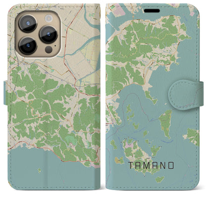 【玉野（岡山県）】地図柄iPhoneケース（手帳タイプ）ナチュラル・iPhone 14 Pro Max 用