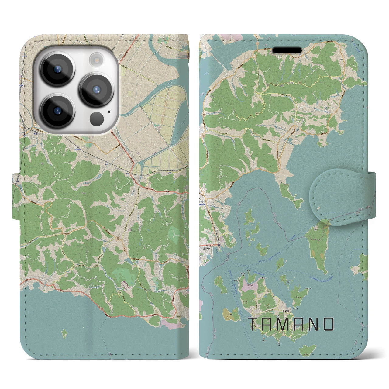 【玉野】地図柄iPhoneケース（手帳両面タイプ・ナチュラル）iPhone 14 Pro 用