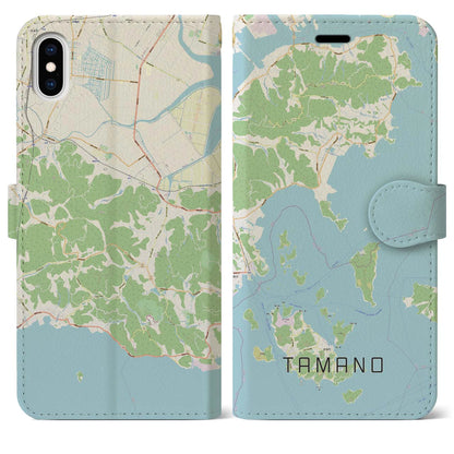 【玉野（岡山県）】地図柄iPhoneケース（手帳タイプ）ナチュラル・iPhone XS Max 用