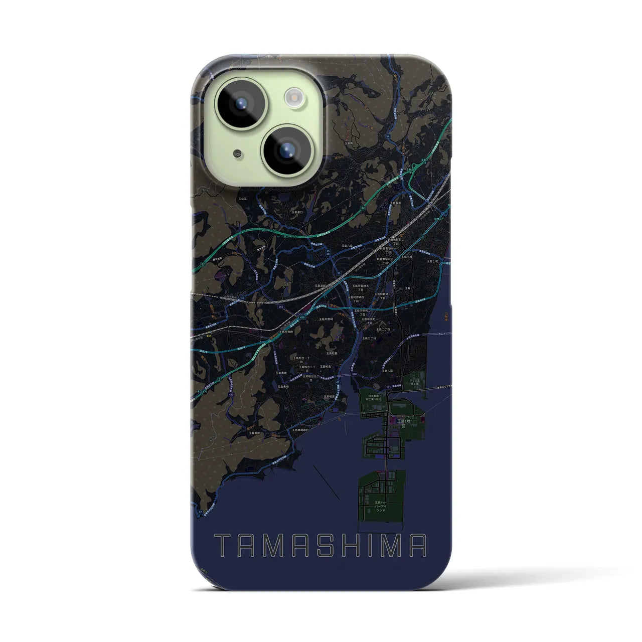 【玉島】地図柄iPhoneケース（バックカバータイプ・ブラック）iPhone 15 用