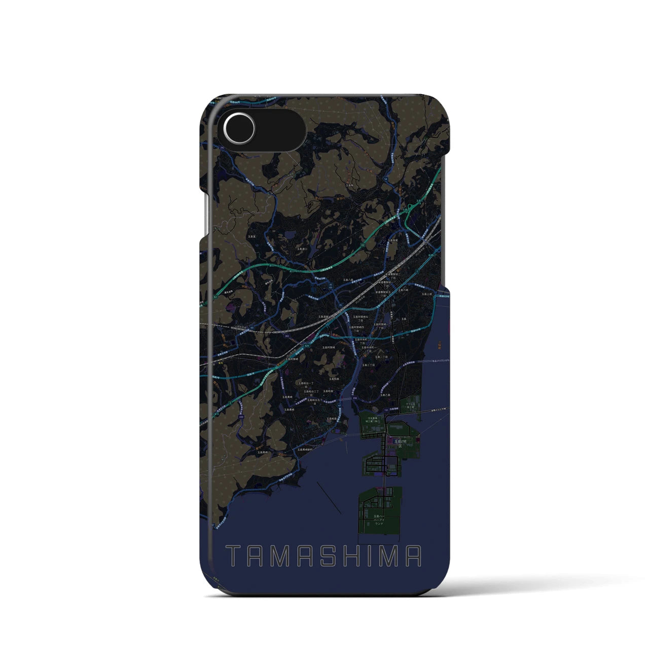 【玉島】地図柄iPhoneケース（バックカバータイプ・ブラック）iPhone SE（第3 / 第2世代） / 8 / 7 / 6s / 6 用