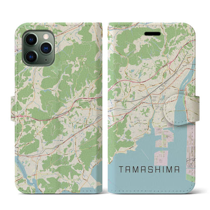 【玉島（岡山県）】地図柄iPhoneケース（手帳タイプ）ナチュラル・iPhone 11 Pro 用