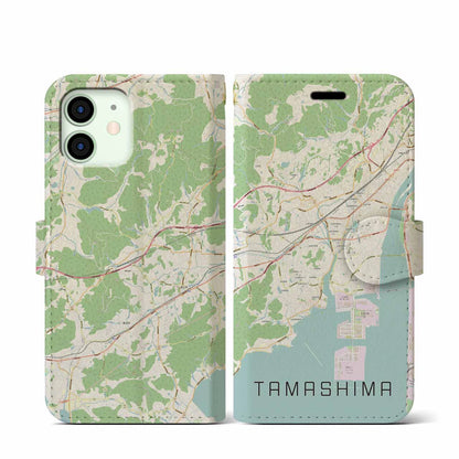 【玉島（岡山県）】地図柄iPhoneケース（手帳タイプ）ナチュラル・iPhone 12 mini 用