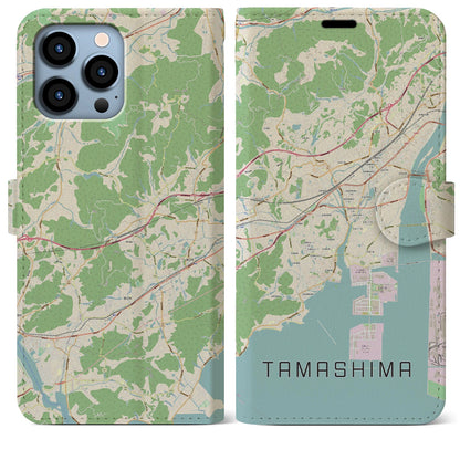 【玉島（岡山県）】地図柄iPhoneケース（手帳タイプ）ナチュラル・iPhone 13 Pro Max 用