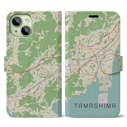 【玉島（岡山県）】地図柄iPhoneケース（手帳タイプ）ナチュラル・iPhone 15 用
