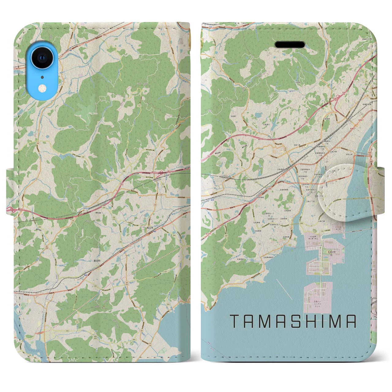 【玉島】地図柄iPhoneケース（手帳両面タイプ・ナチュラル）iPhone XR 用