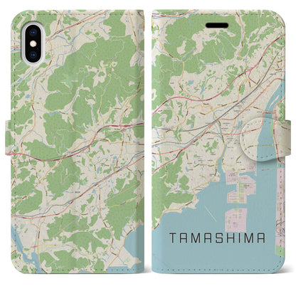【玉島（岡山県）】地図柄iPhoneケース（手帳タイプ）ナチュラル・iPhone XS Max 用