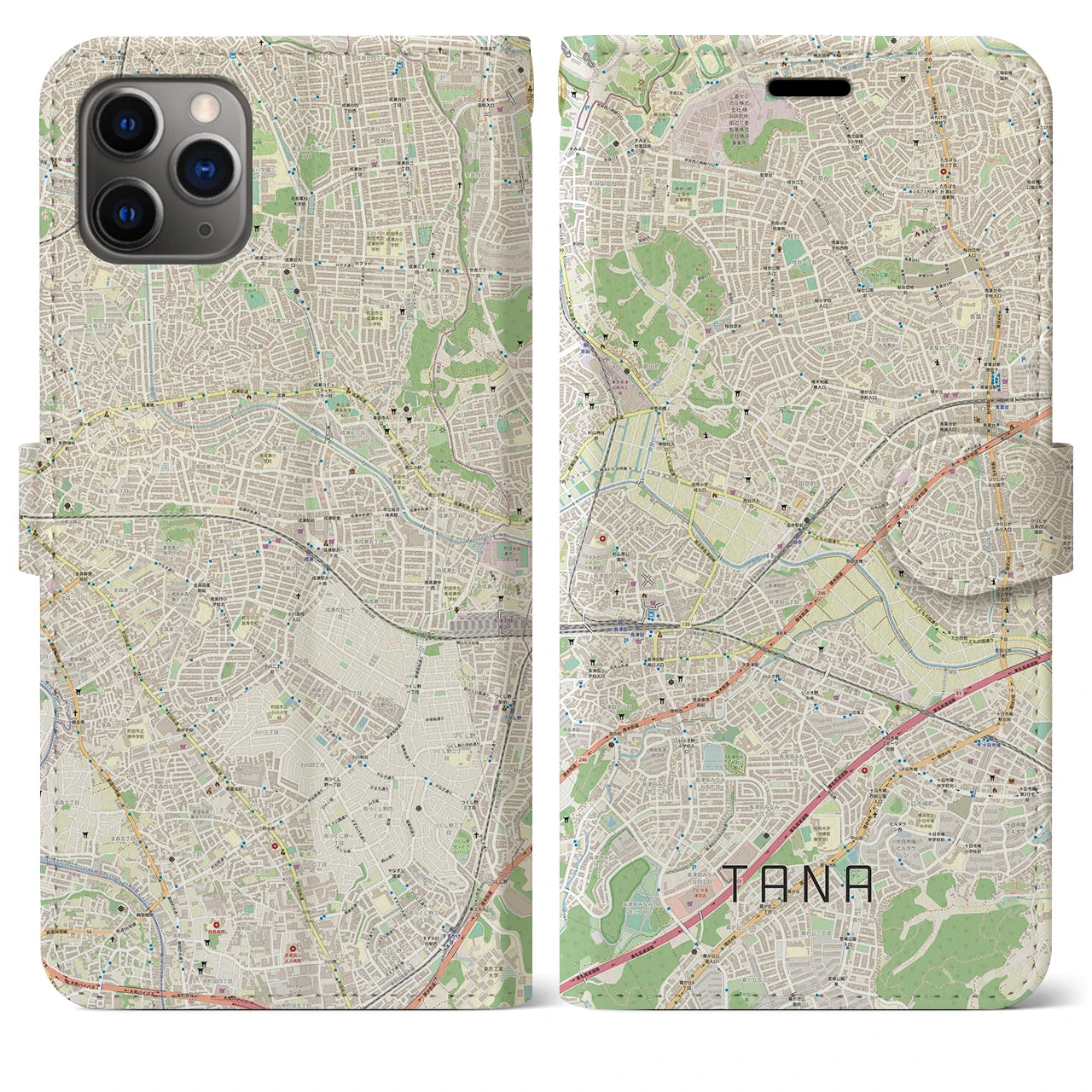【田奈】地図柄iPhoneケース（手帳両面タイプ・ナチュラル）iPhone 11 Pro Max 用