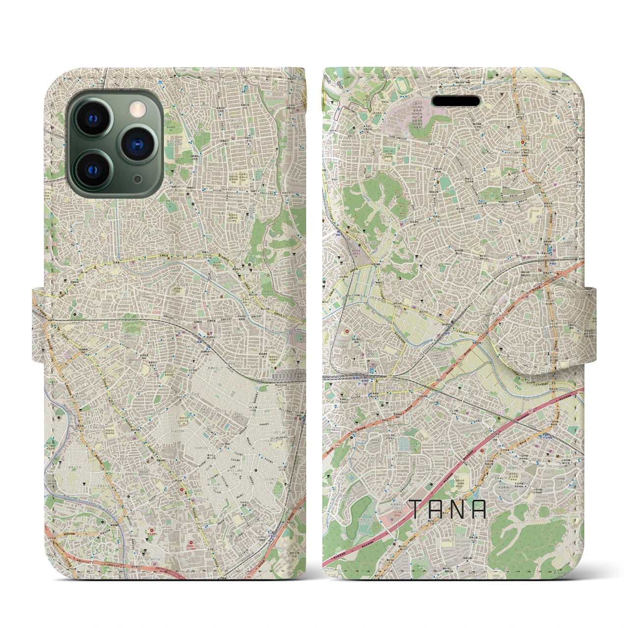 【田奈】地図柄iPhoneケース（手帳両面タイプ・ナチュラル）iPhone 11 Pro 用