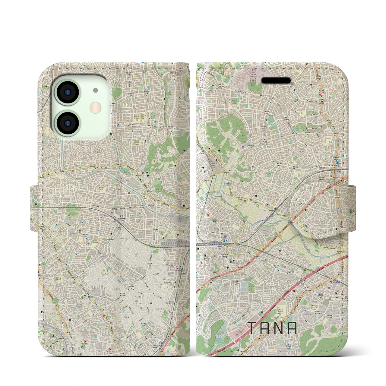 【田奈】地図柄iPhoneケース（手帳両面タイプ・ナチュラル）iPhone 12 mini 用