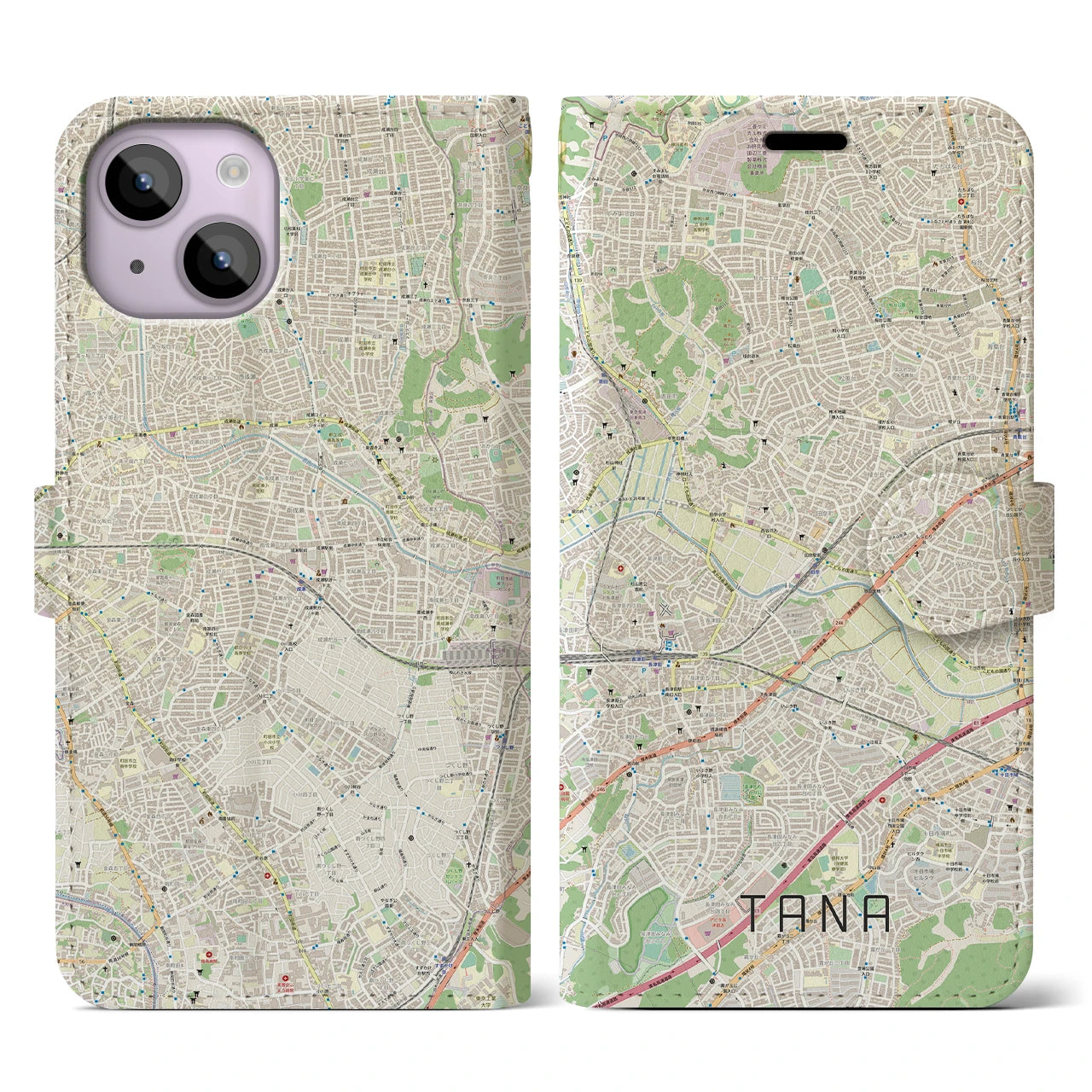 【田奈】地図柄iPhoneケース（手帳両面タイプ・ナチュラル）iPhone 14 用