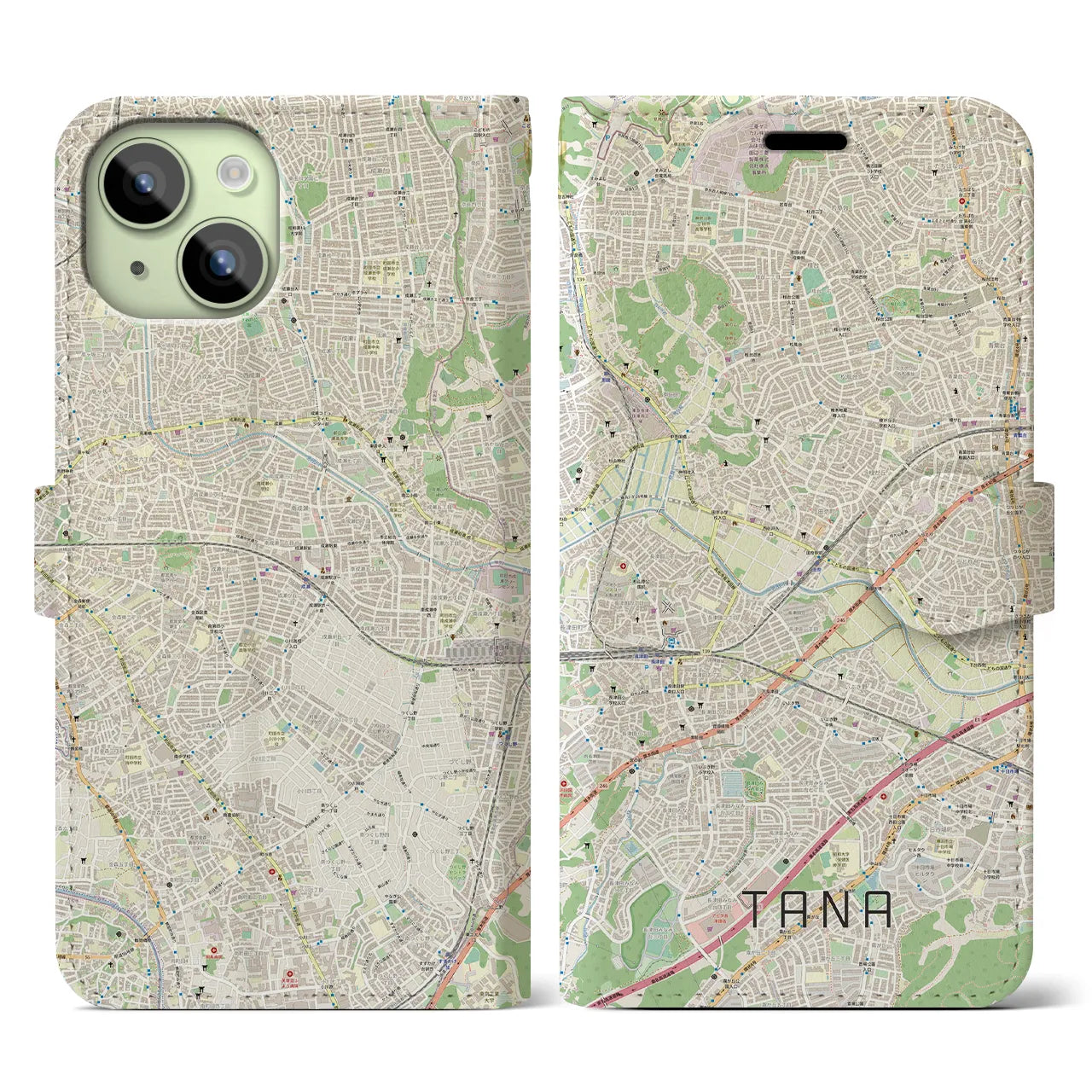 【田奈】地図柄iPhoneケース（手帳両面タイプ・ナチュラル）iPhone 15 用