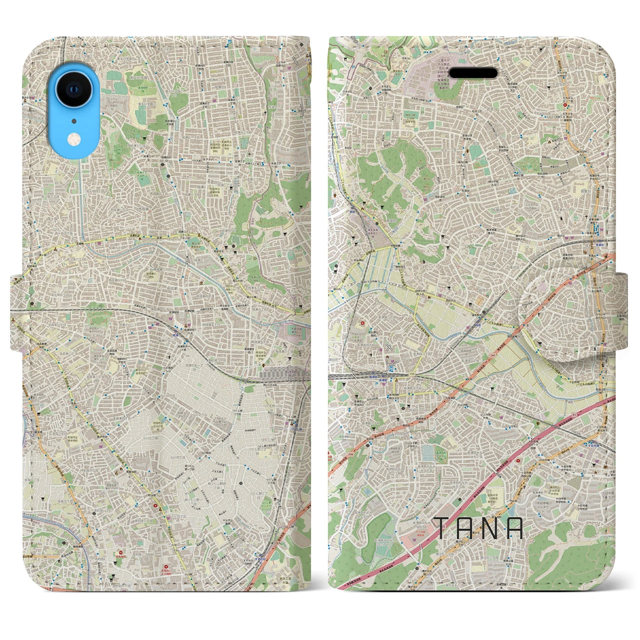 【田奈】地図柄iPhoneケース（手帳両面タイプ・ナチュラル）iPhone XR 用