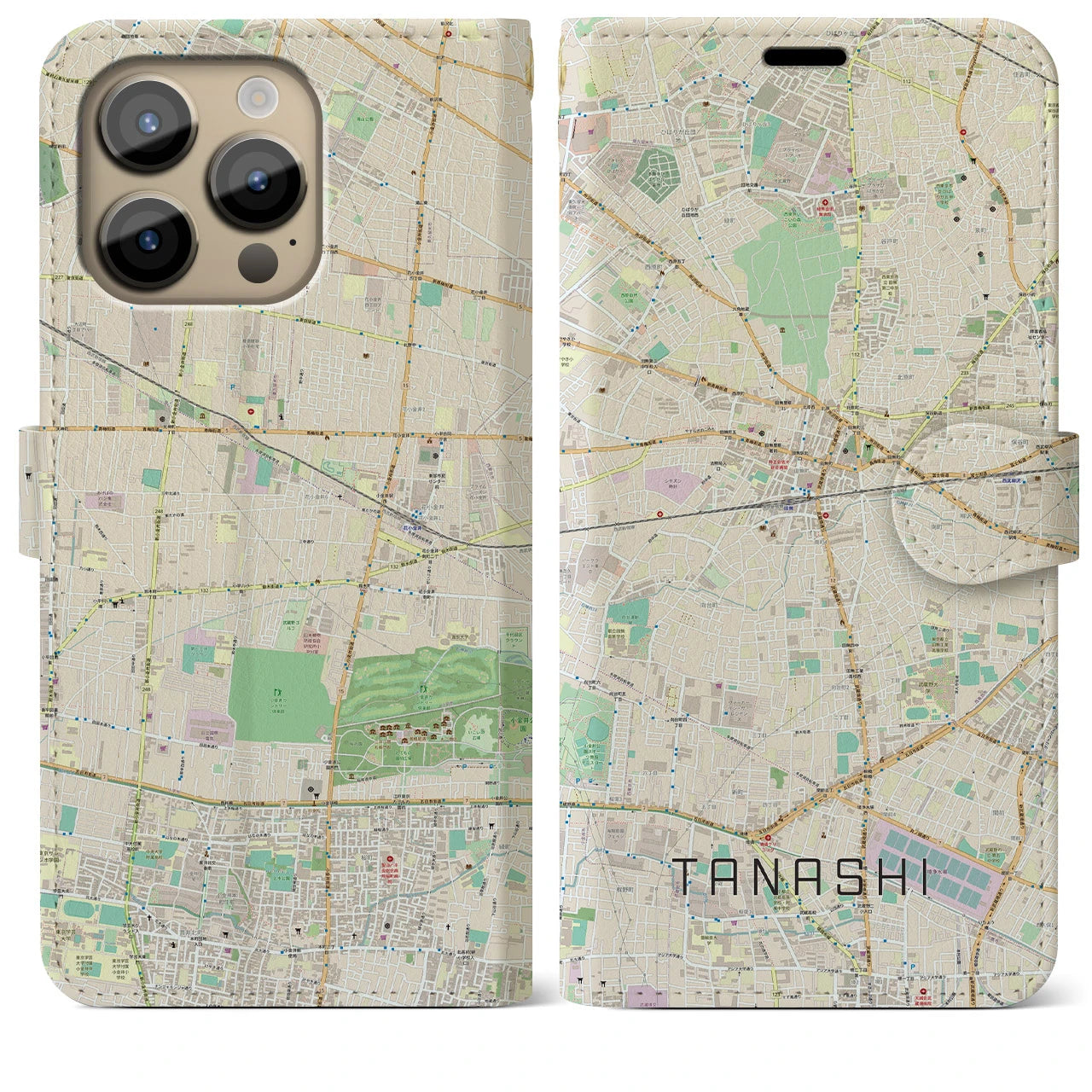 【田無】地図柄iPhoneケース（手帳両面タイプ・ナチュラル）iPhone 14 Pro Max 用