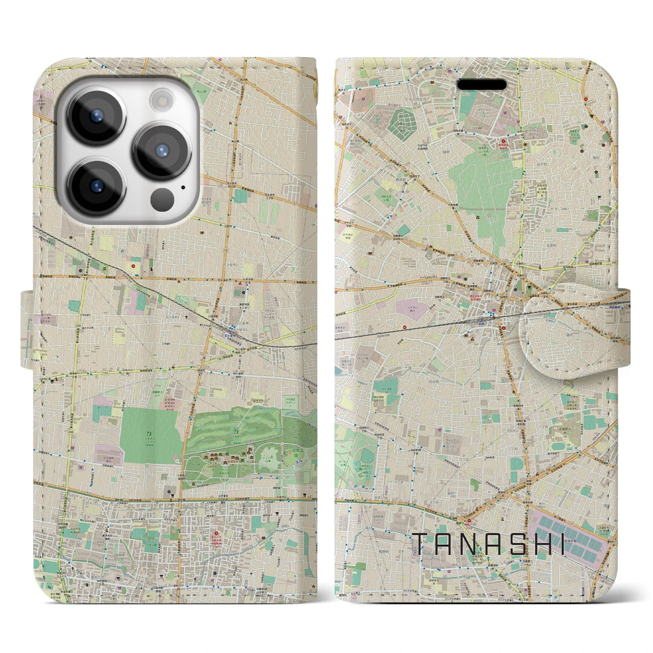 【田無】地図柄iPhoneケース（手帳両面タイプ・ナチュラル）iPhone 14 Pro 用