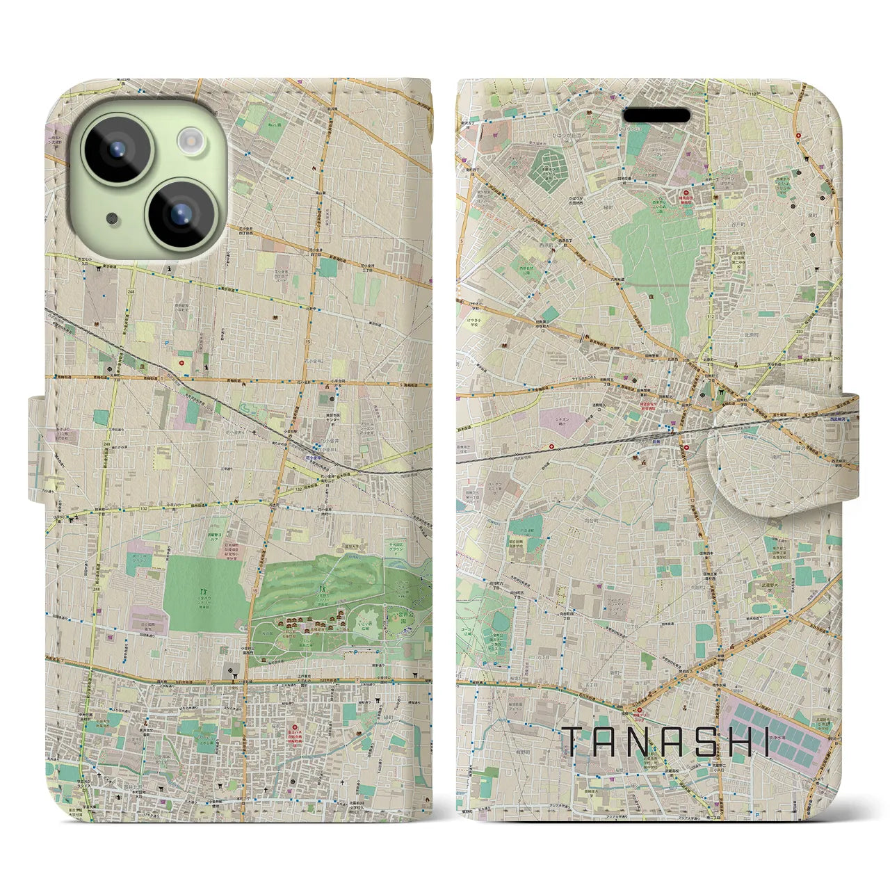 【田無】地図柄iPhoneケース（手帳両面タイプ・ナチュラル）iPhone 15 用
