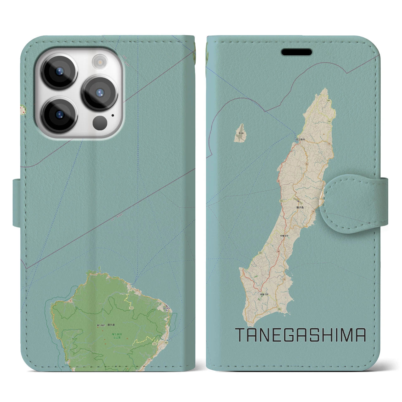 【種子島】地図柄iPhoneケース（手帳両面タイプ・ナチュラル）iPhone 14 Pro 用