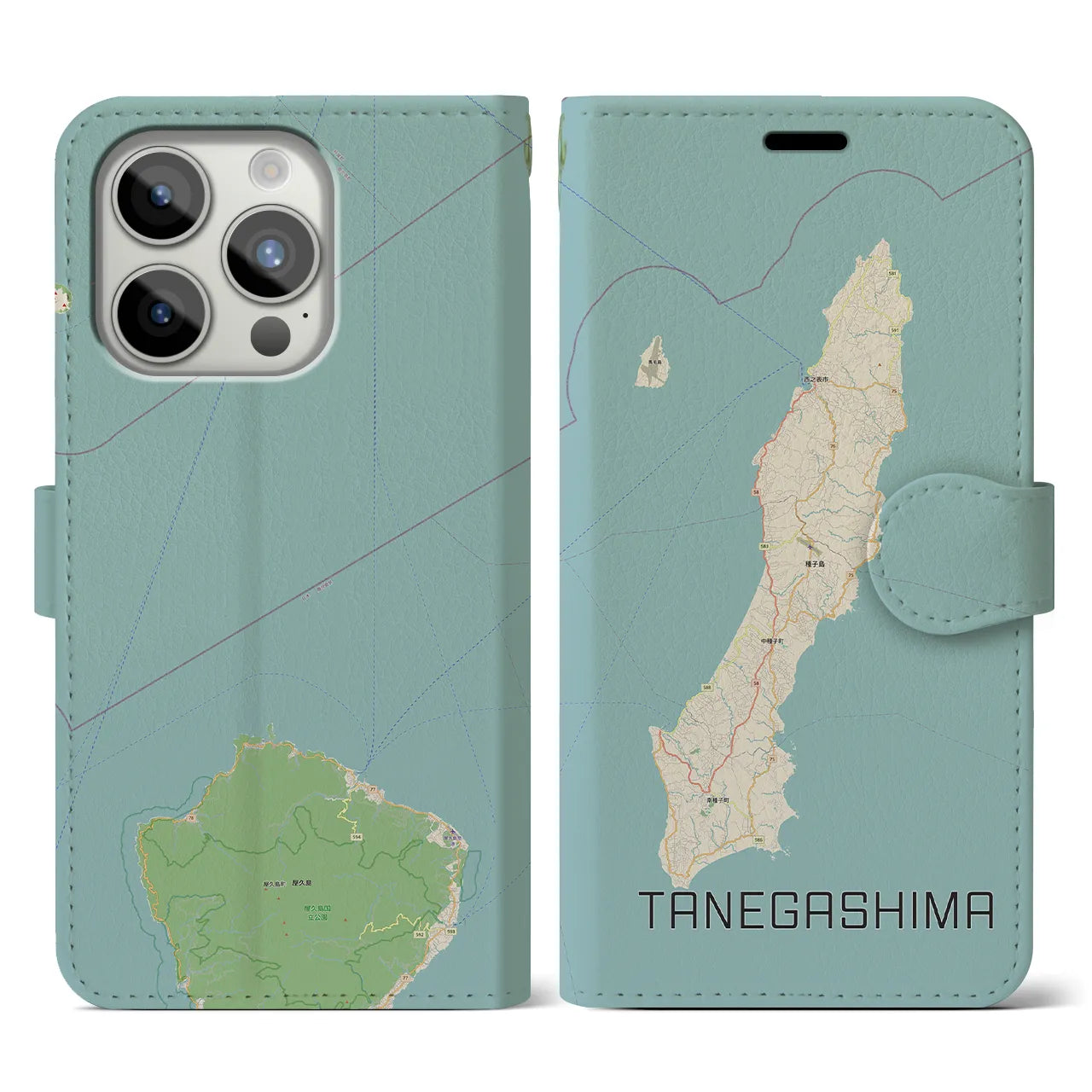 【種子島】地図柄iPhoneケース（手帳両面タイプ・ナチュラル）iPhone 15 Pro 用