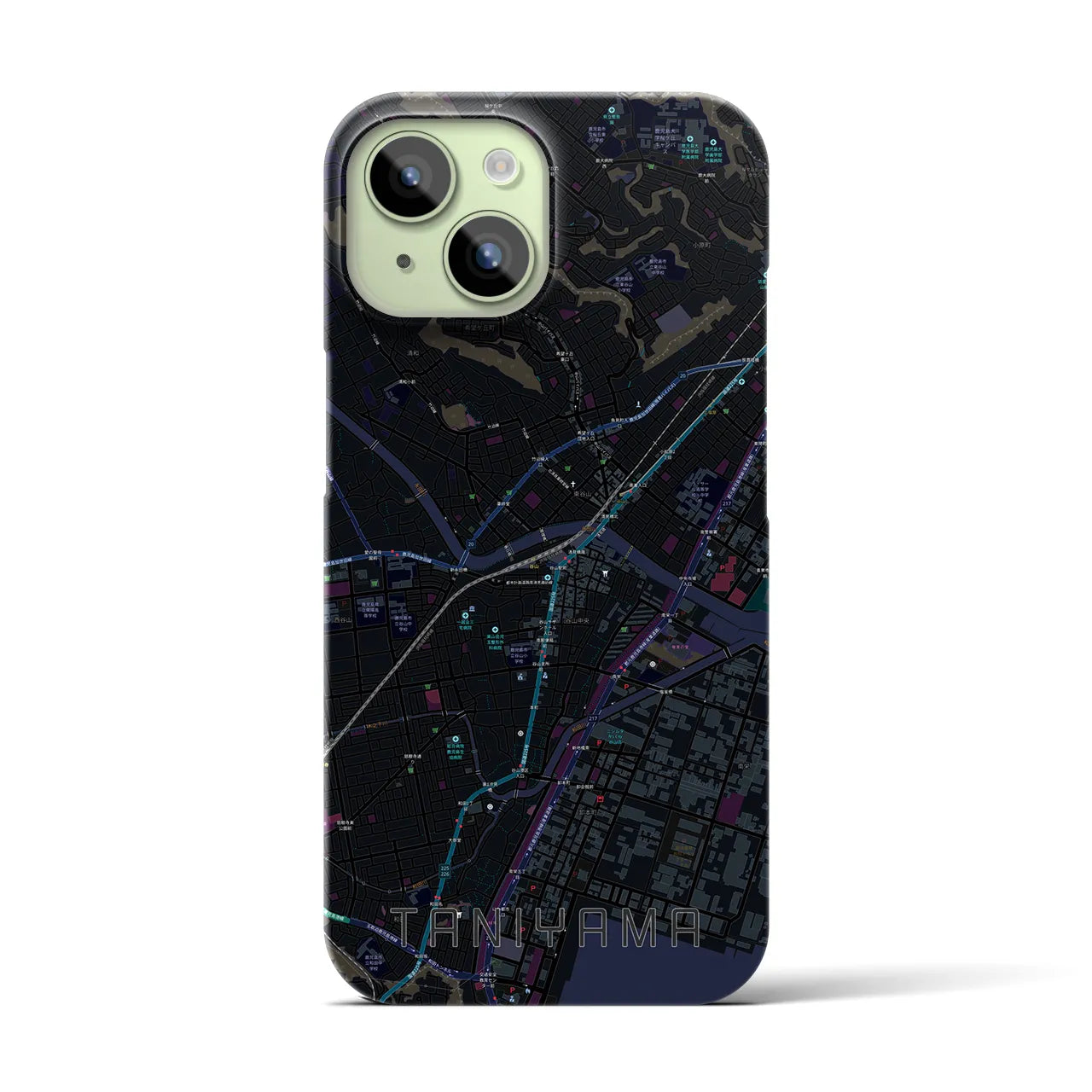 【谷山】地図柄iPhoneケース（バックカバータイプ・ブラック）iPhone 15 用