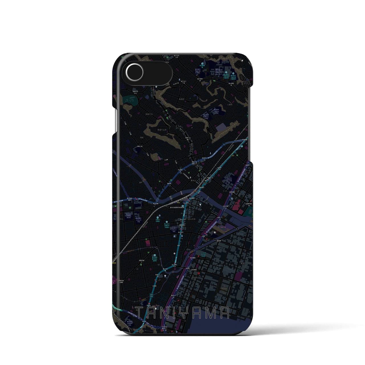 【谷山】地図柄iPhoneケース（バックカバータイプ・ブラック）iPhone SE（第3 / 第2世代） / 8 / 7 / 6s / 6 用
