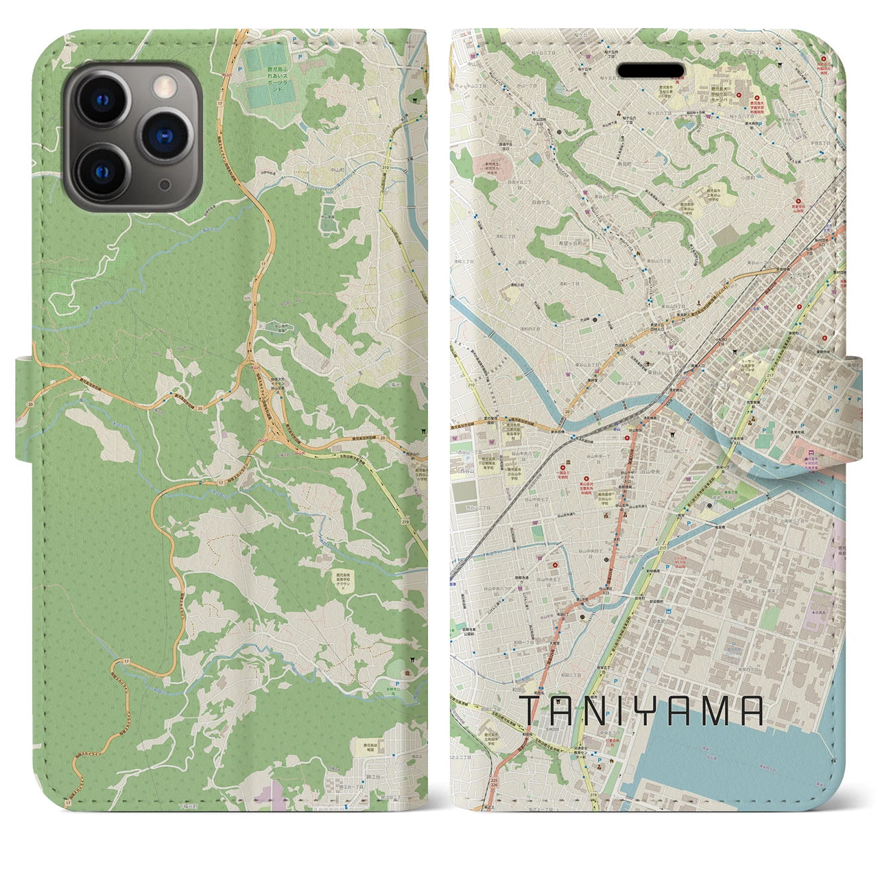 【谷山】地図柄iPhoneケース（手帳両面タイプ・ナチュラル）iPhone 11 Pro Max 用