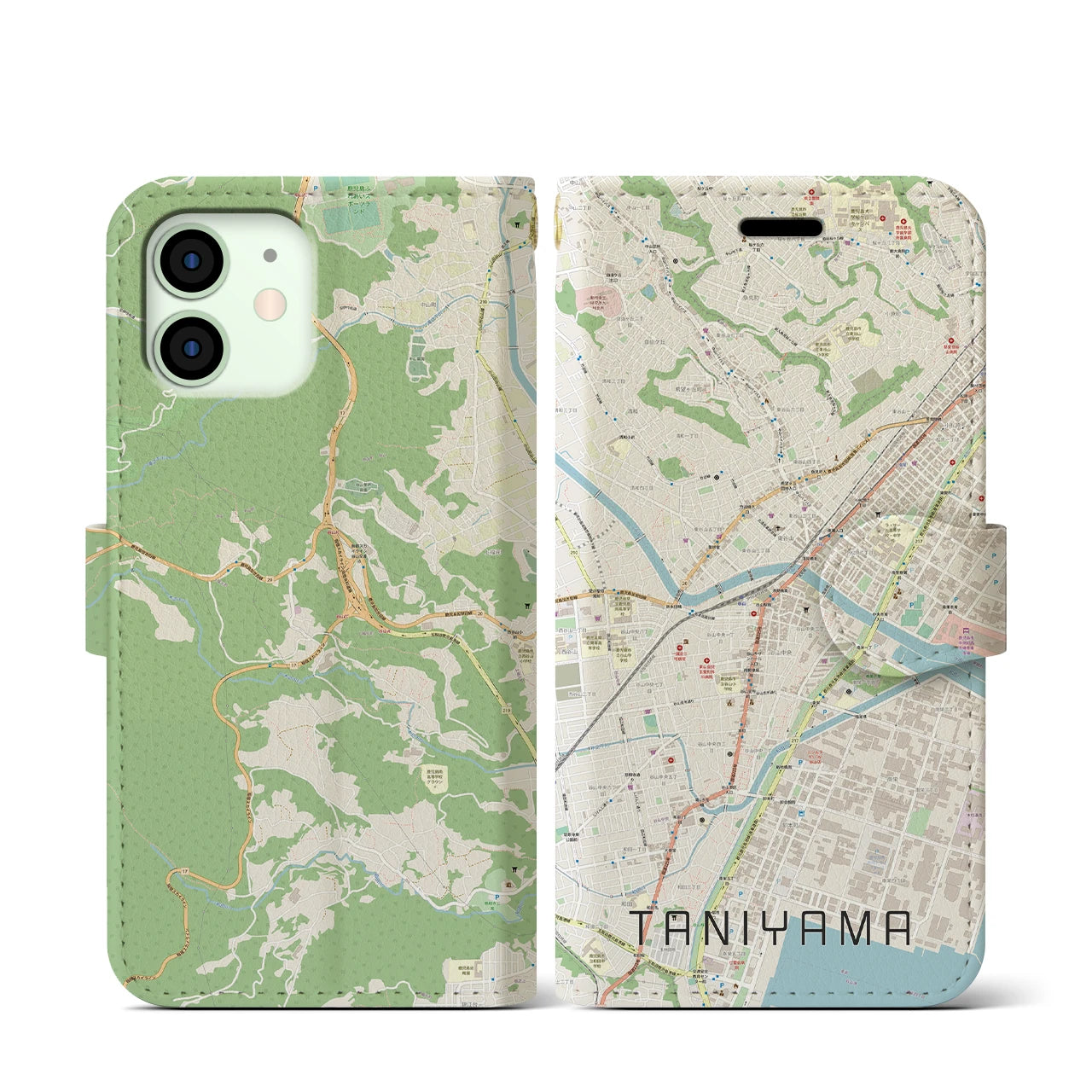 【谷山】地図柄iPhoneケース（手帳両面タイプ・ナチュラル）iPhone 12 mini 用