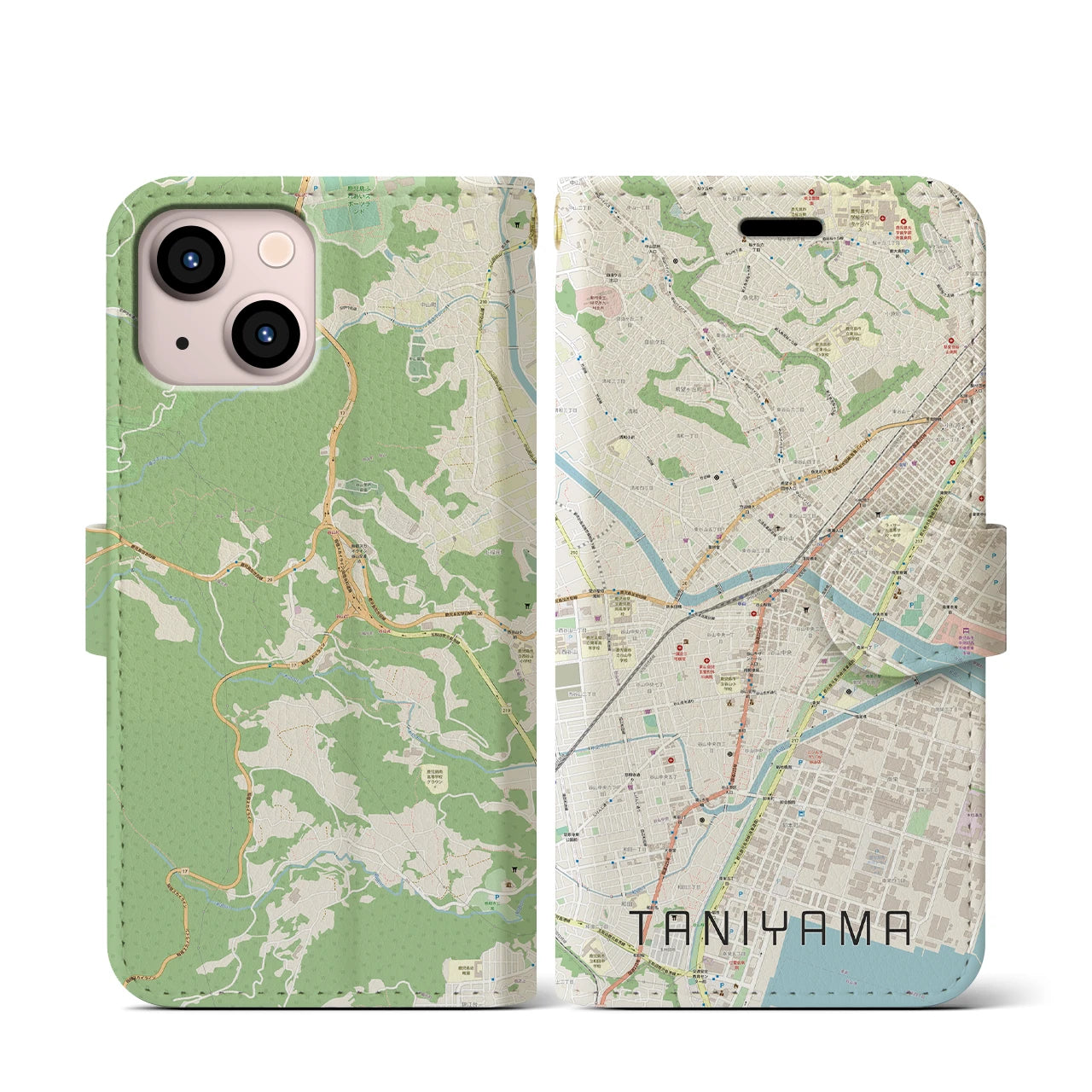 【谷山】地図柄iPhoneケース（手帳両面タイプ・ナチュラル）iPhone 13 mini 用